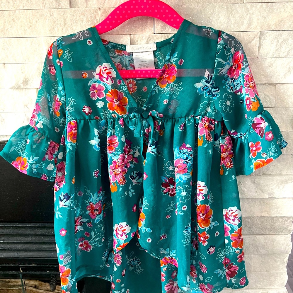 Teal polyester flowered shirt with pink, orange, blue flower variations.